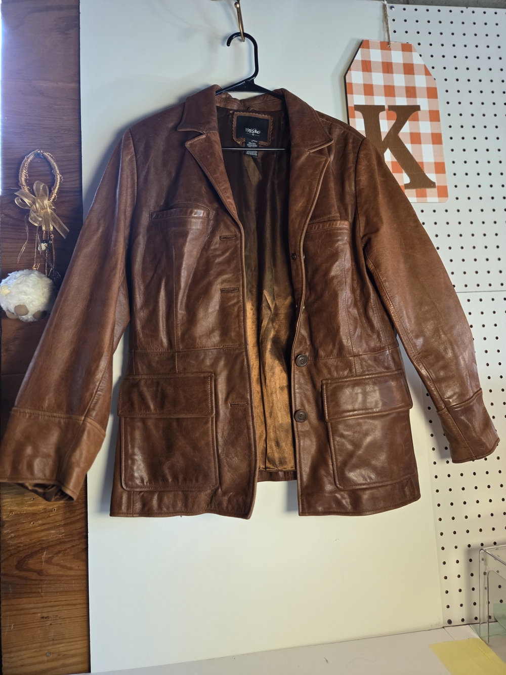 Mossimo Women's Brown Genuine Leather Blazer Jacket Button Notch Collar Lined L